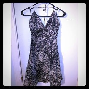 Silk black, grey and white print halter mini